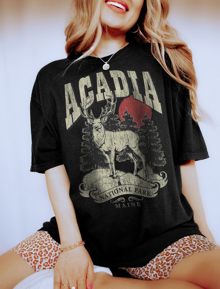Acadia National Park, Maine Tee | Vintage-Style Grunge Western Shirt with a Deer in the Forest product image (1)