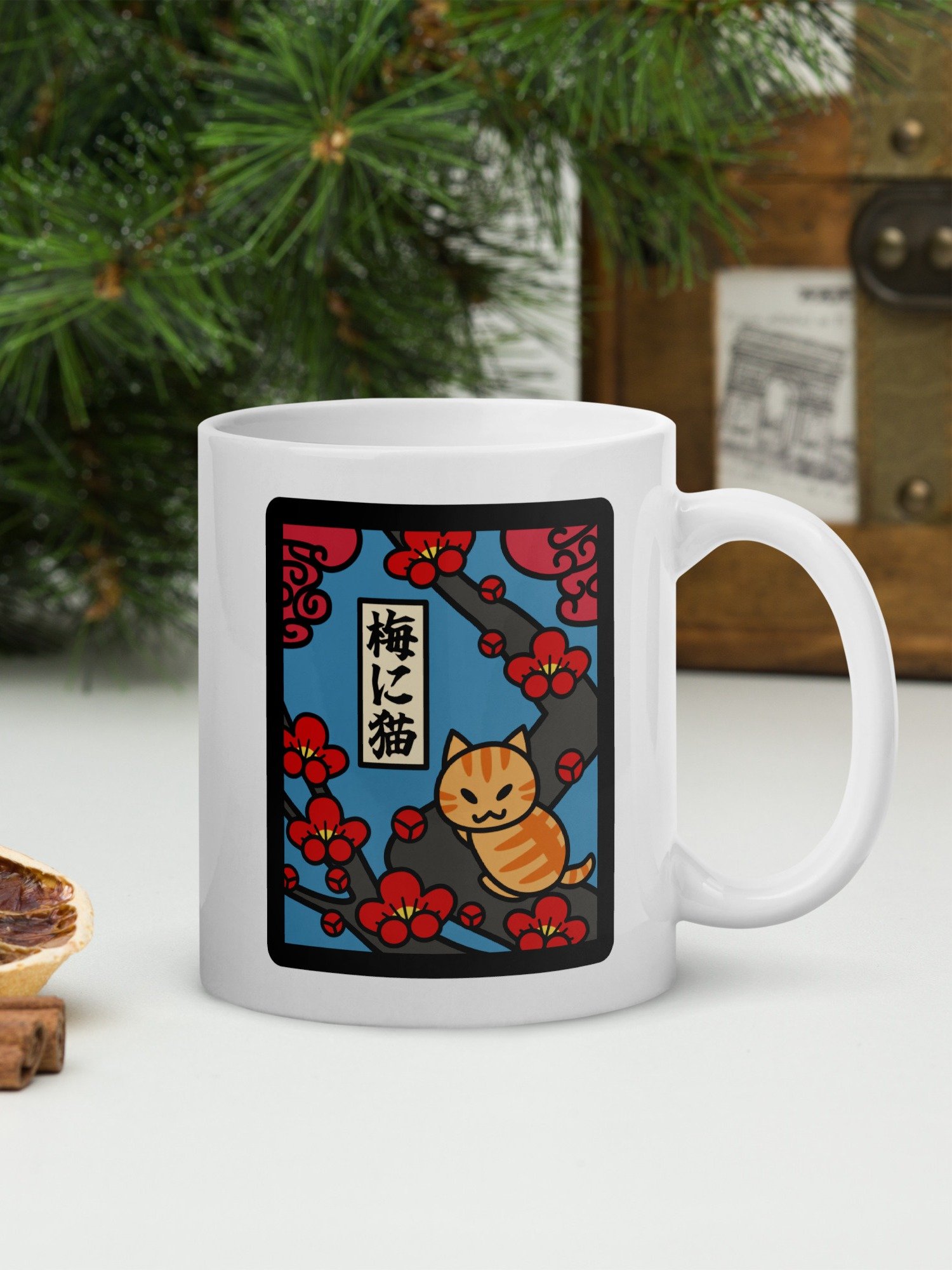 February Hanafuda Japanese Playing Card Cat 11 oz Mug product image (1)
