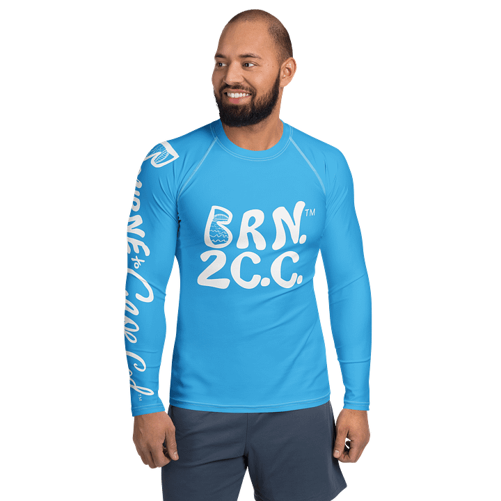 BRN.2C.C.™ /BOURNE to Cape Cod™ | Men’s Long Sleeve Rash Guard | UPF 50+ Active Coastal Shirt | White Logos on Deep Sky Blue product image (1)