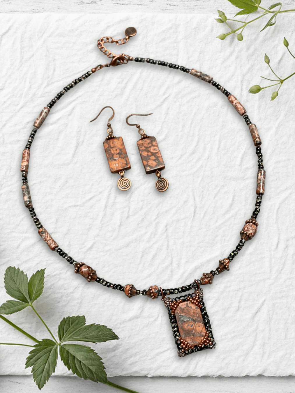 Leopard Print Jasper Red/Black Beaded Pendant Necklace and Earrings product image (1)