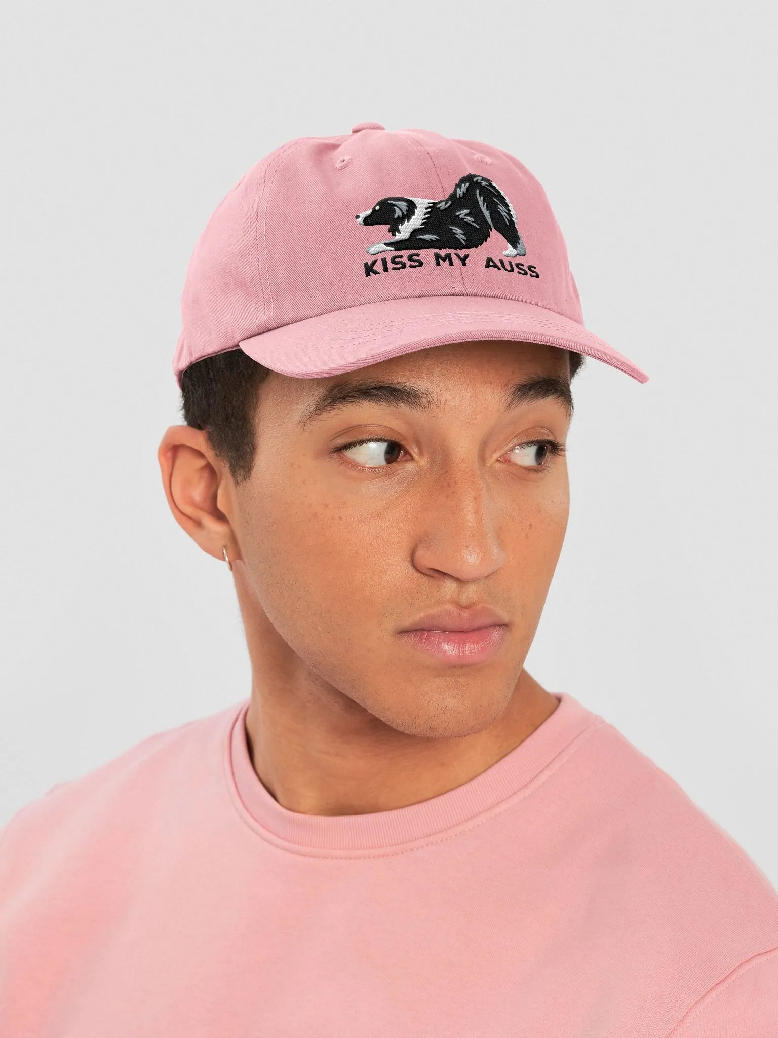 Kiss My Auss Classic Dad Hat(Embroidered) of an Australian Shepherd(Black & White) product image (27)