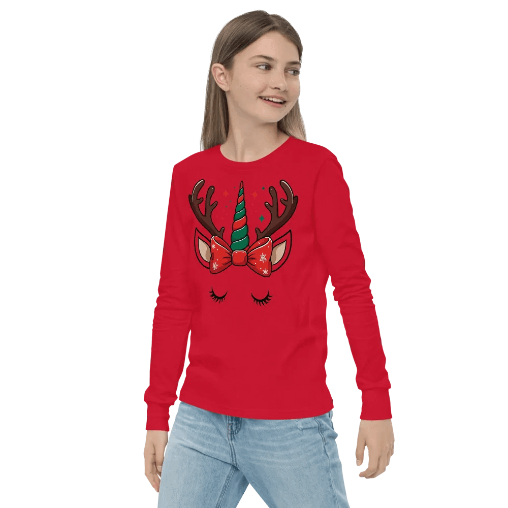Whimsical Reindeer Unicorn Youth Long Sleeve Tee Red product image (3)