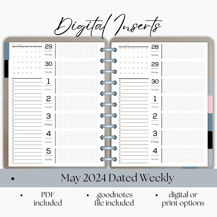 May 2024 Dated Weekly Calendar Digital Planner Insert- Sunday & Monday Start- Portrait Orientation product image (1)