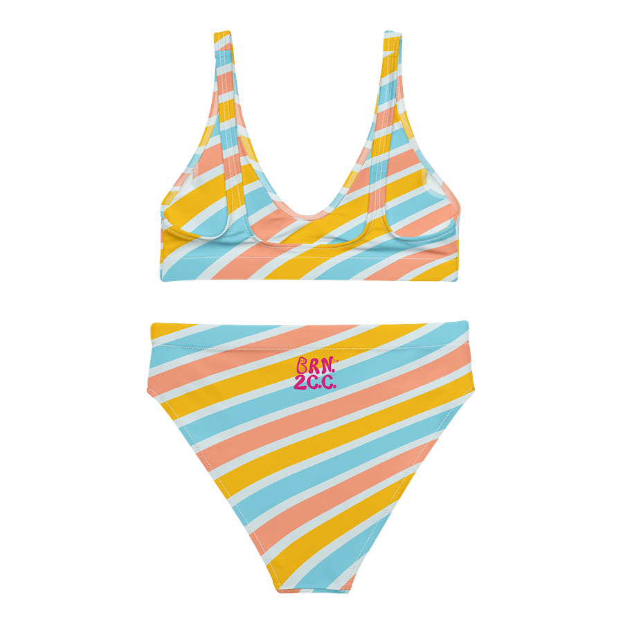 Women's High-Waisted | Recycled Bikini | BOURNE to Cape Cod™ | Pink Logos on Bright Stripes product image (3)