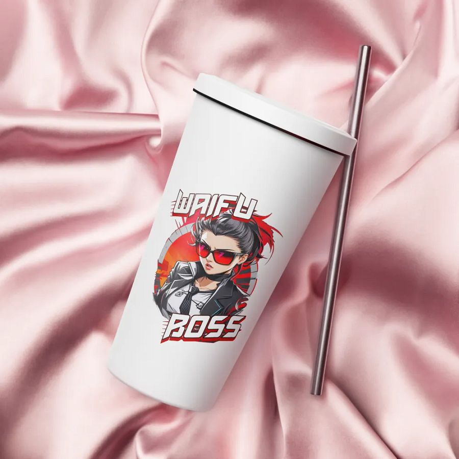 Waifu Boss 20 oz Tumbler Cup - White - Insulated Tumbler with a Straw v1 product image (4)