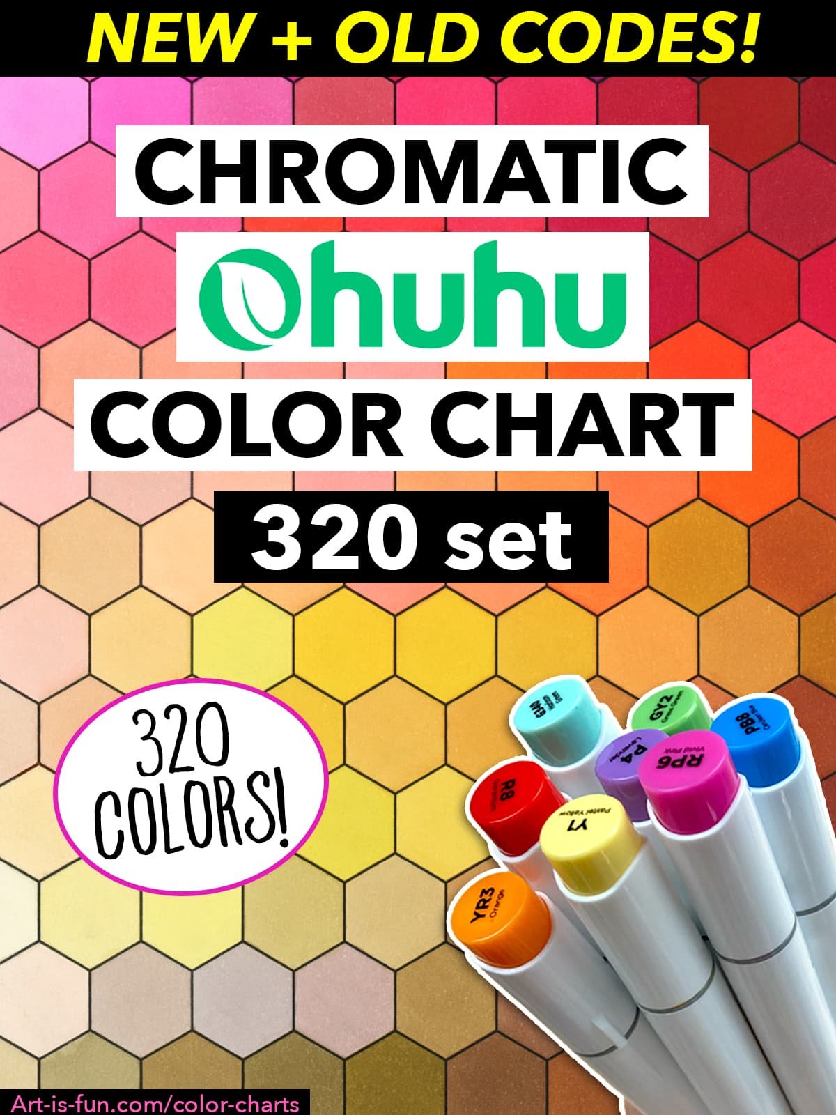 Ohuhu Color Chart - 320 Honolulu Colors (NEW + OLD) in Chromatic Order (Hex + Grid) product image (1)