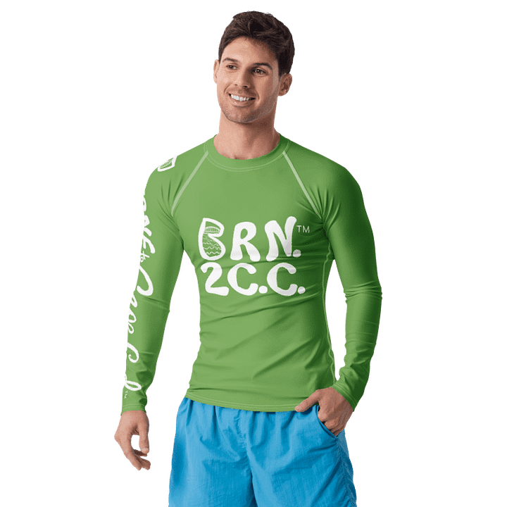 BRN.2C.C.™ /BOURNE to Cape Cod™ | Men’s Long Sleeve Rash Guard | UPF 50+ Active Coastal Shirt | White Logos on Green product image (1)