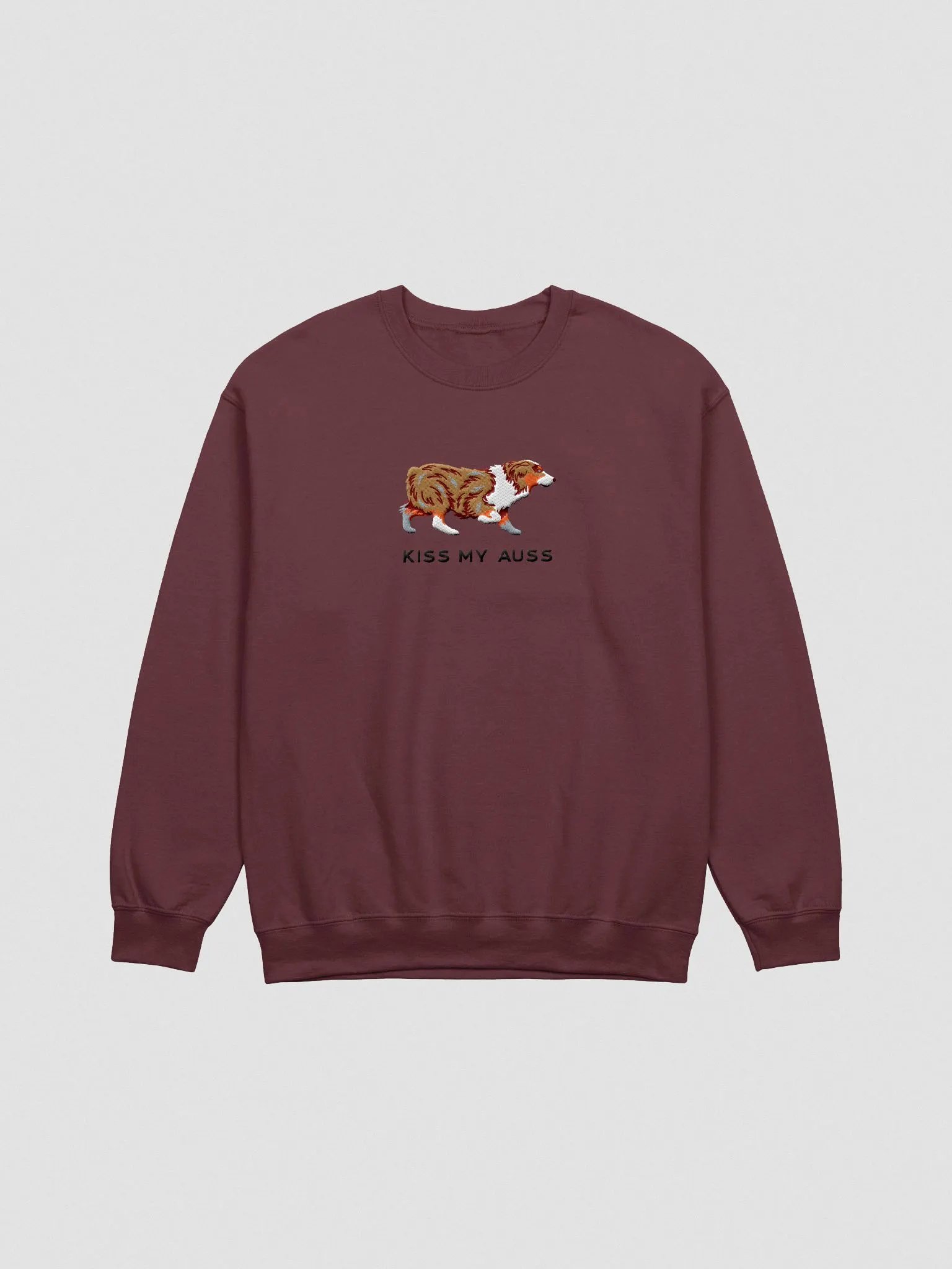 Kiss My Auss Sweatshirt (Embroidered) of an Australian Shepherd(Red Merle) product image (4)