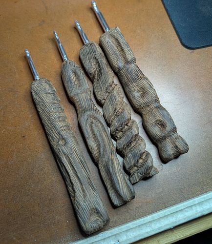 Custom crochet hook handles! Hand carved zebra tree wood. #goldsmith #custom #crochet #hooks #organic