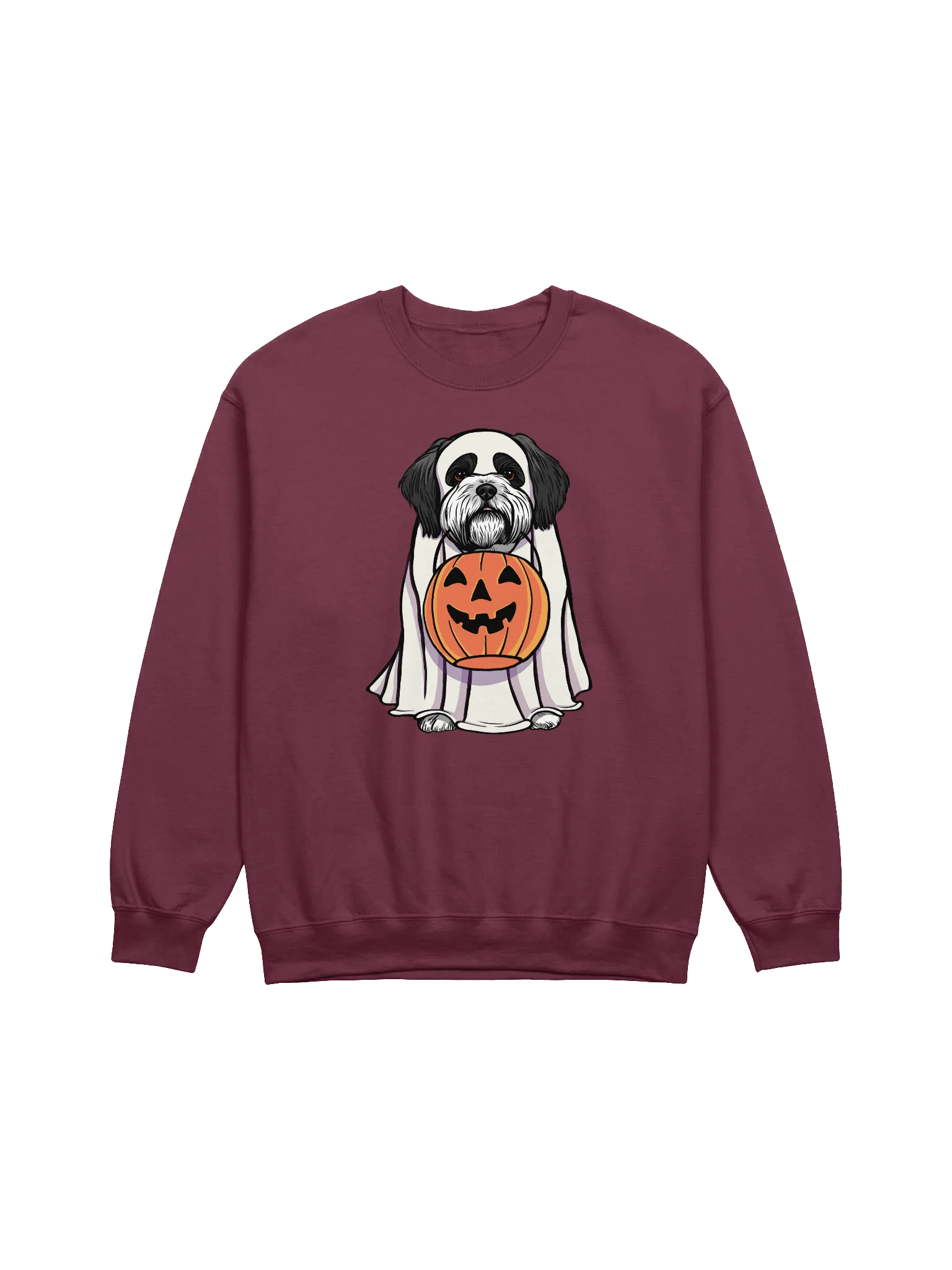 Funny Halloween Shih Tzu(Black & White) Sweatshirt | Funny Dog Wearing a Ghost Costume and Holding a Pumpkin Basket product image (8)