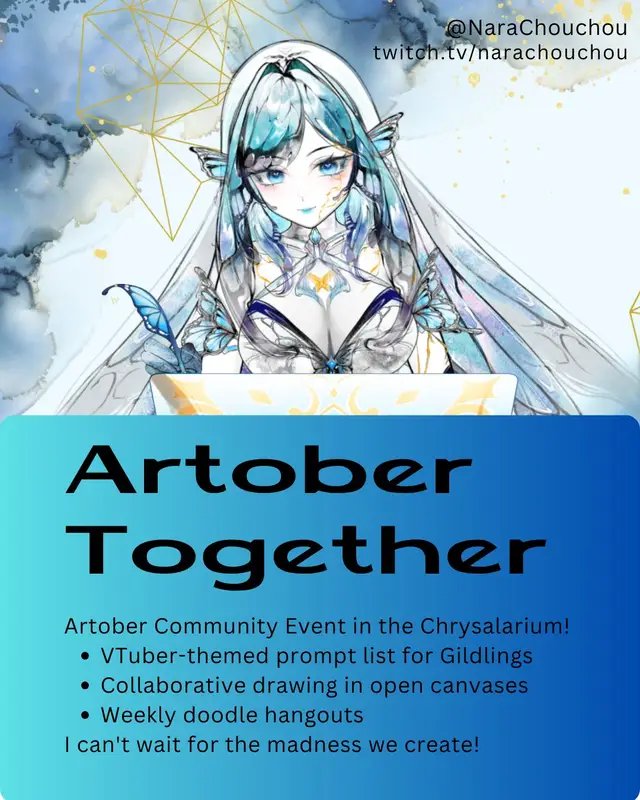 Nara's first community event thingy WHAT?! It's #Artober, so I've put together a VTuber-themed prompt list for all the Gildlings in the Chrysalarium, open canvases for collaborative drawing, and weekly doodle hangouts! I can't wait to show you all the madness we create! #vtuber #art