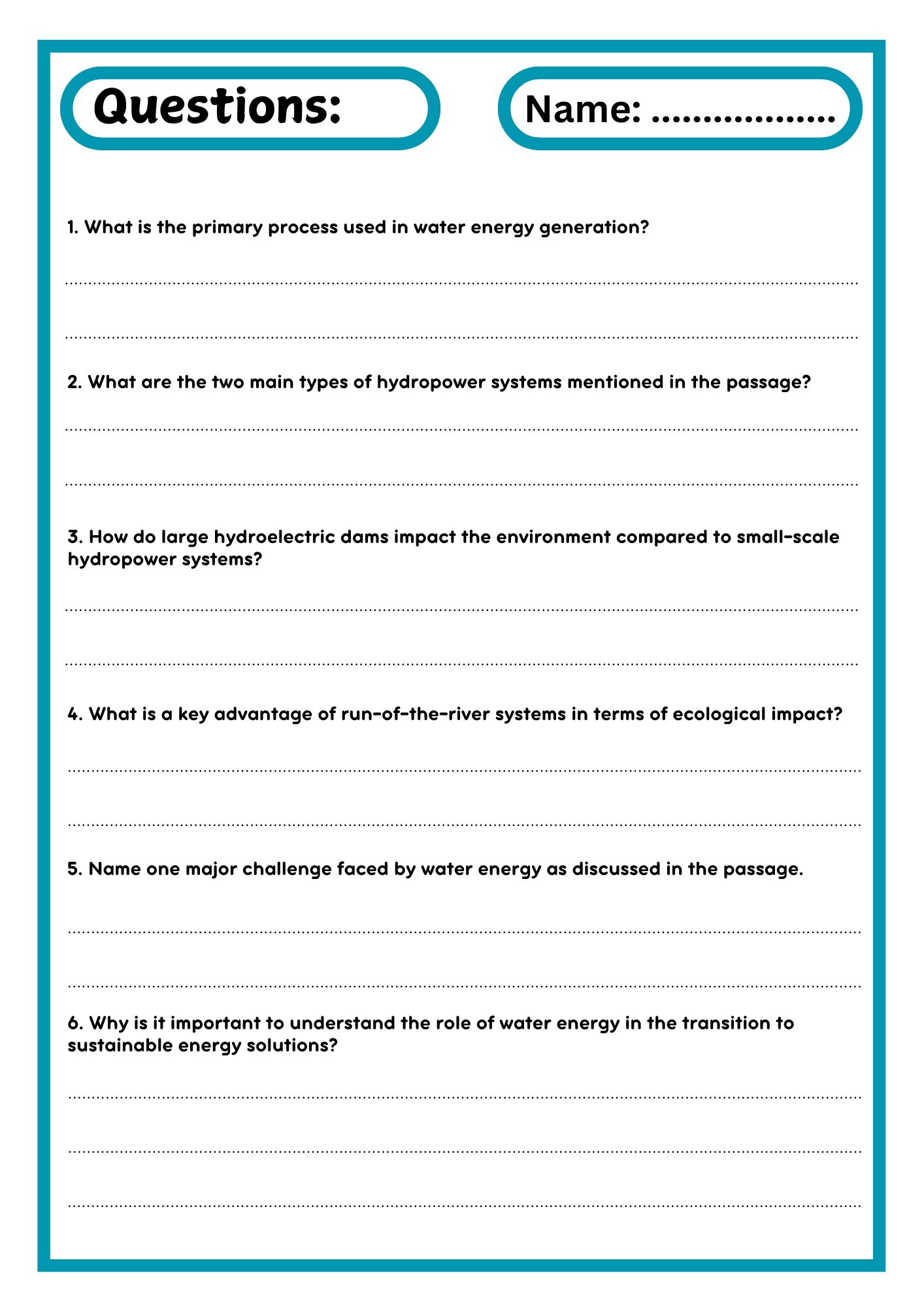 Water Energy READING PASSAGE WITH QUESTIONS WORKSHEET product image (3)