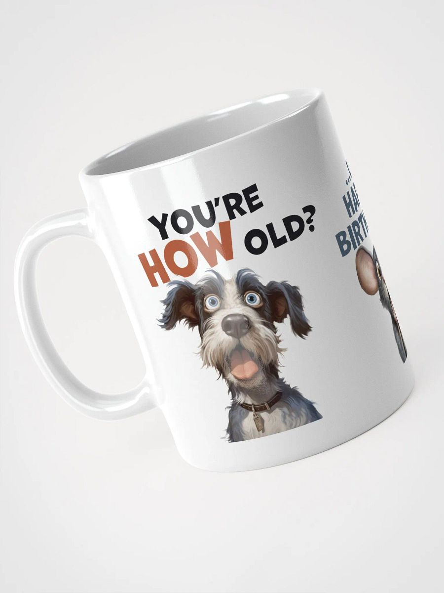 "You're HOW old?" Shocked dog, mouse and cat. White glossy mug product image (8)