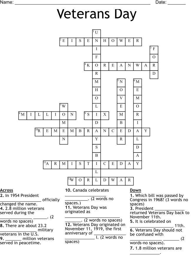 Veterans Day Crossword Puzzle Worksheet product image (3)