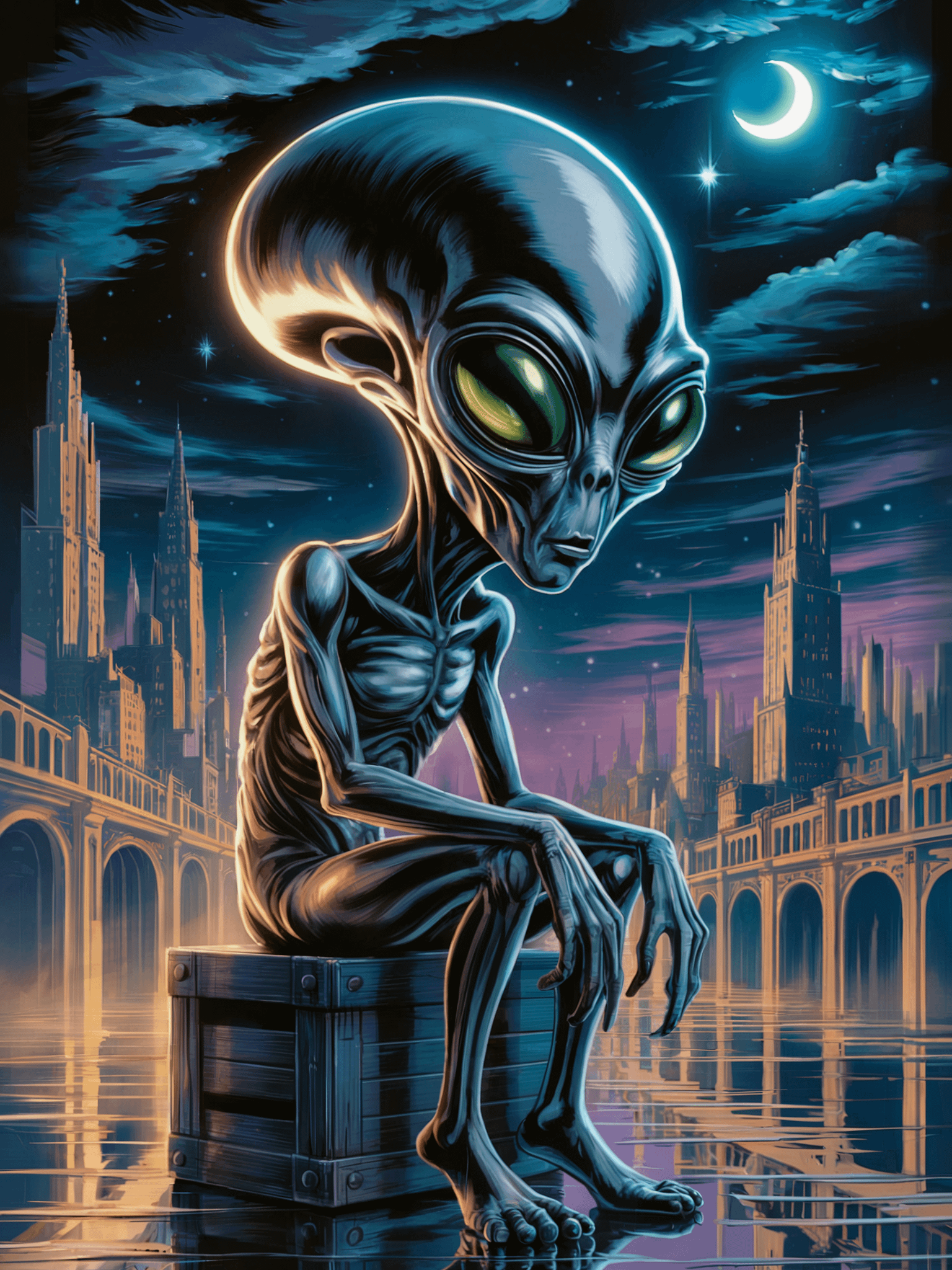 Lunar Visitor Poster – Reflective Alien Nightscape Wall Art product image (1)