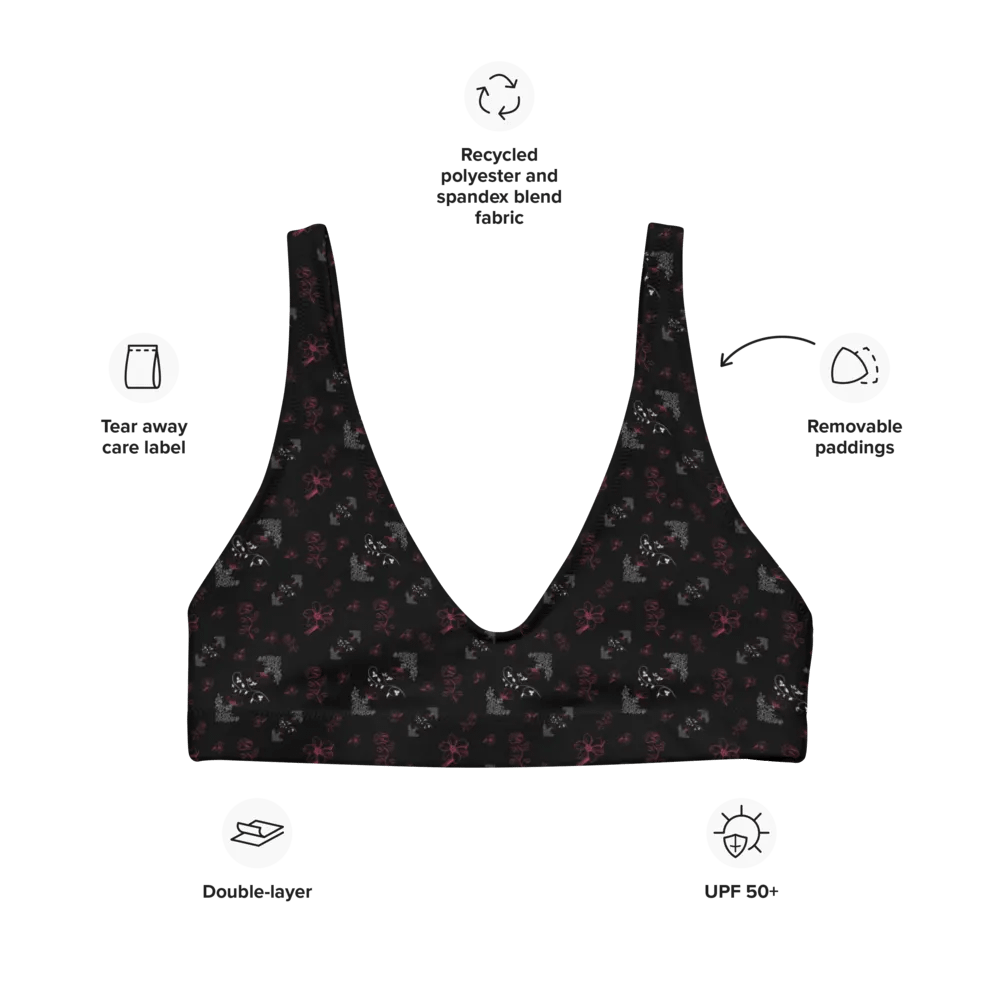 Magenta and White Flowers on Black Eco-Green Padded Bikini Top product image (7)