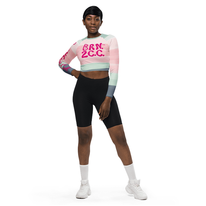 BOURNE to Cape Cod™ Crop Top | BRN.2C.C.™ Coastal Bold | Recycled Long Sleeve Statement Wear 🌊💃☀️ | Vibrant Pink Logos on Horizon Stripes product image (2)