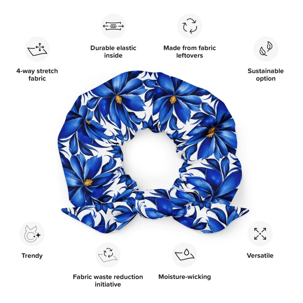 Hair Scrunchie - Painted Blue Flowers on White product image (12)