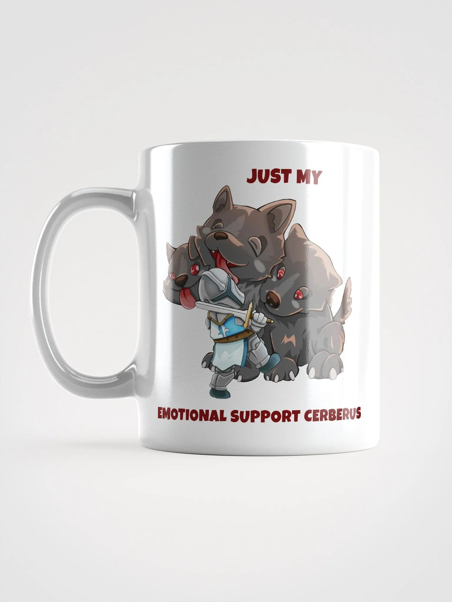 Emotional support Cerberus & Knight white ceramic mug 11oz 15oz 20oz for gamers and dog lovers product image (6)