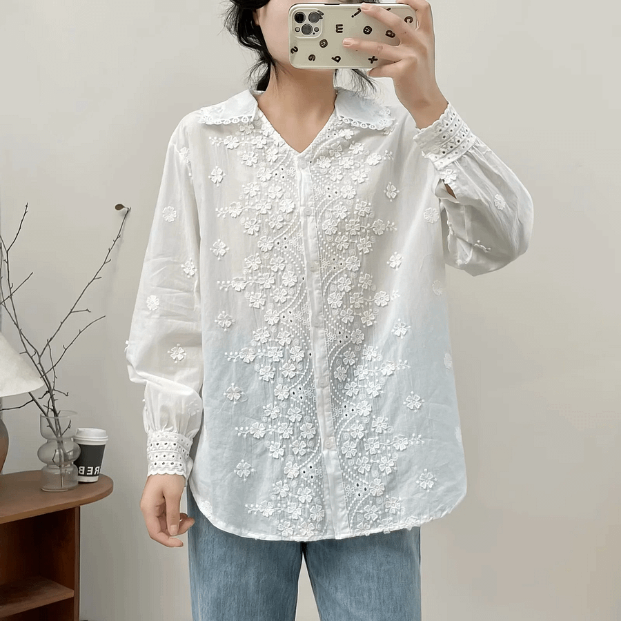 Three-dimensional Flower Embroidered Lapel Single-breasted Long Sleeve Shirt For Women product image (7)