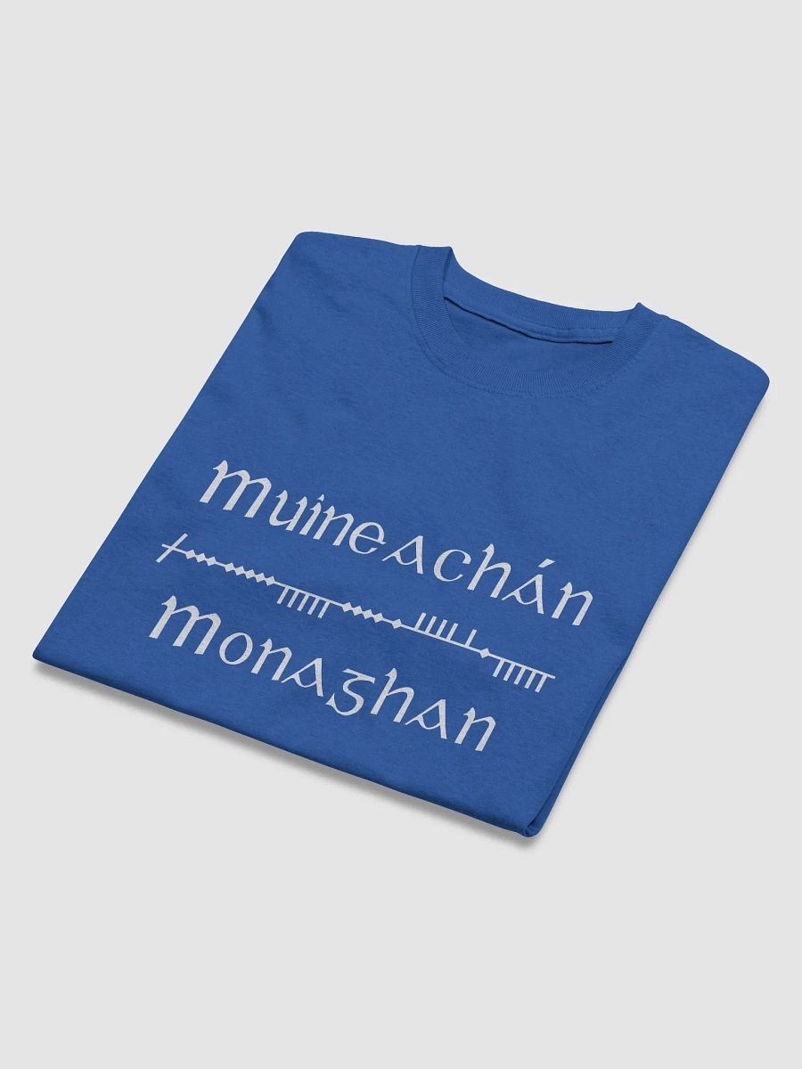 Monaghan/Muineachán Scholastic style Ogham blue printed T-shirt product image (3)