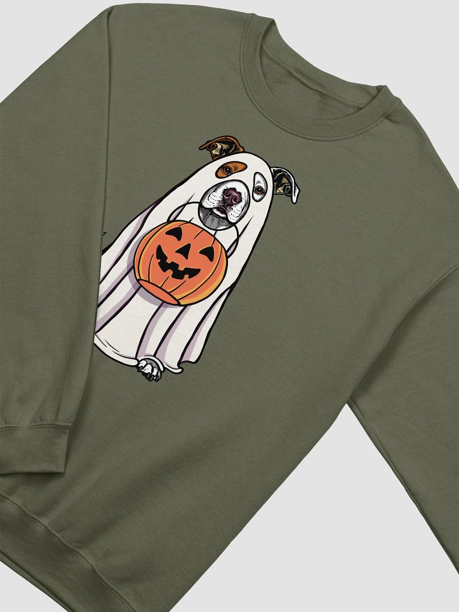 Funny Halloween Pitbull Terrier(White) Sweatshirt | Funny Pittie Wearing a Ghost Costume and Holding a Pumpkin Basket product image (18)