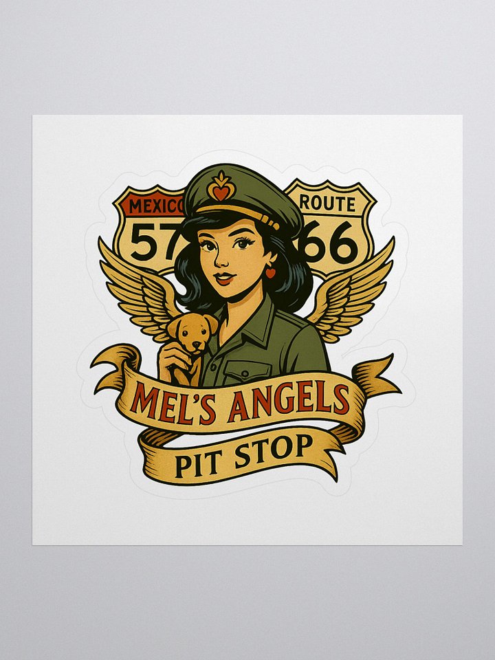 Mel’s Angels Pit Stop Kiss-Cut Sticker – Retro Biker Pin-Up with Dog & Route 66 Design product image (1)