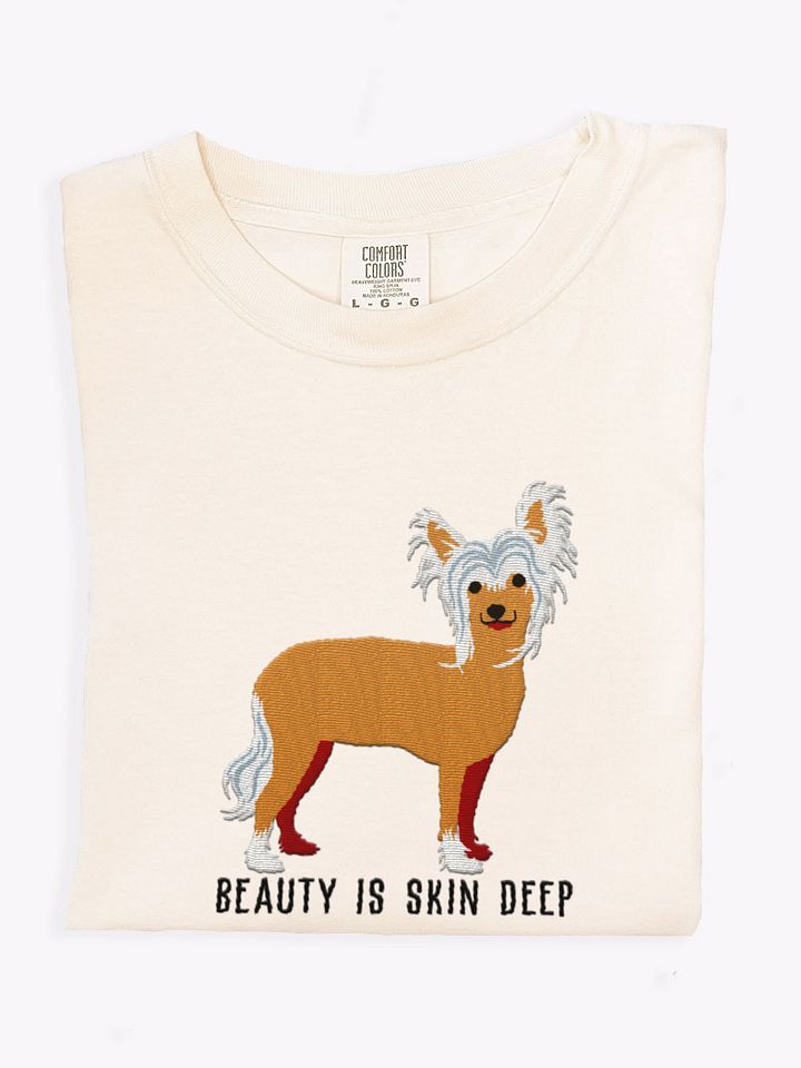 Beauty Is Skin Deep T-Shirt(Embroidered) of a Chinese Crested Dog(Tan) product image (1)