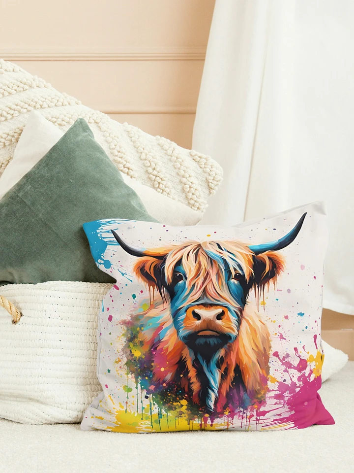 Multi Coloured Paint Splash Highland Cow Pillow product image (1)