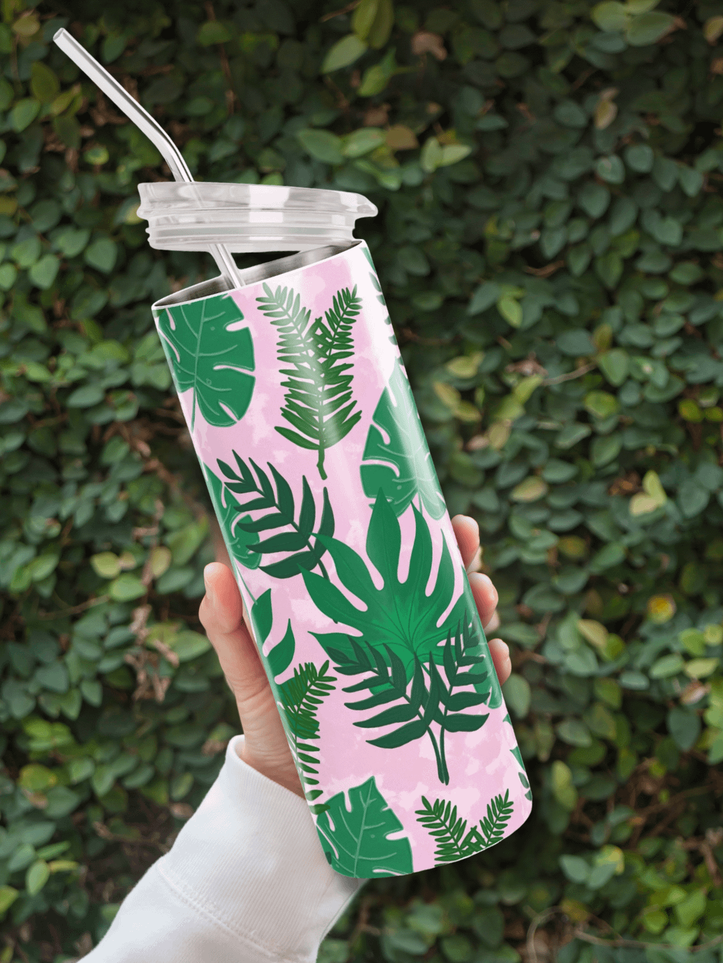 Jungle Leaves Pattern- Pink Background Stainless Steel Tumbler product image (1)