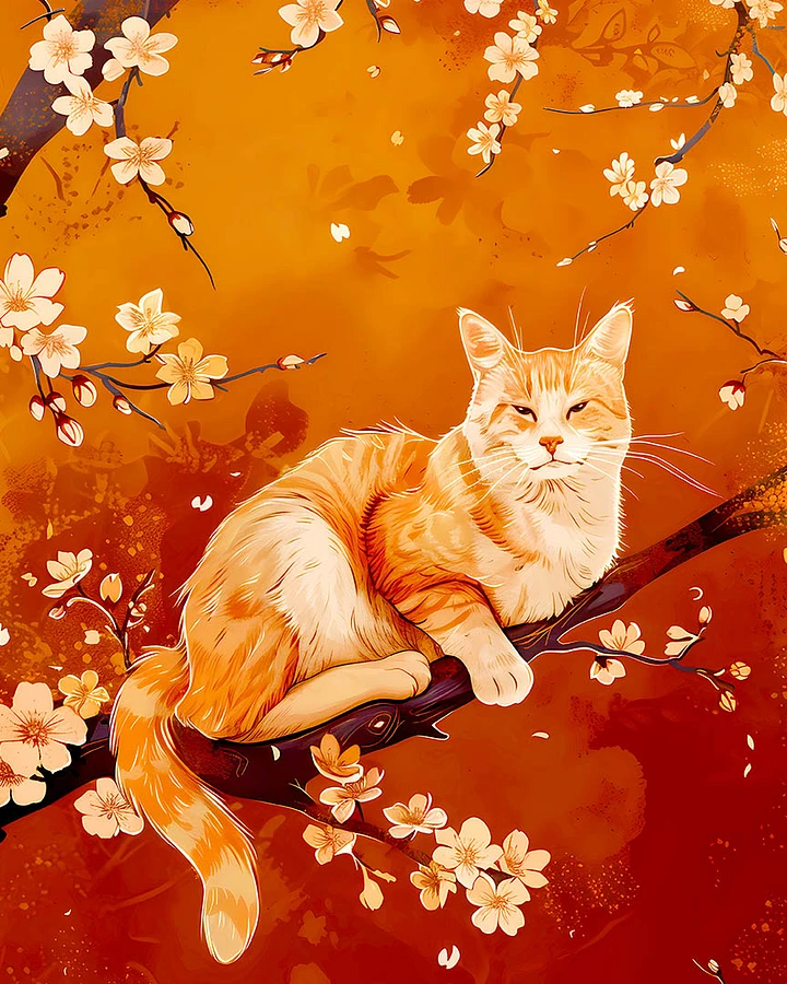 Ginger Cat Amidst Autumn Cherry Blossoms: Serene Feline Art Print Matte Poster product image (1)