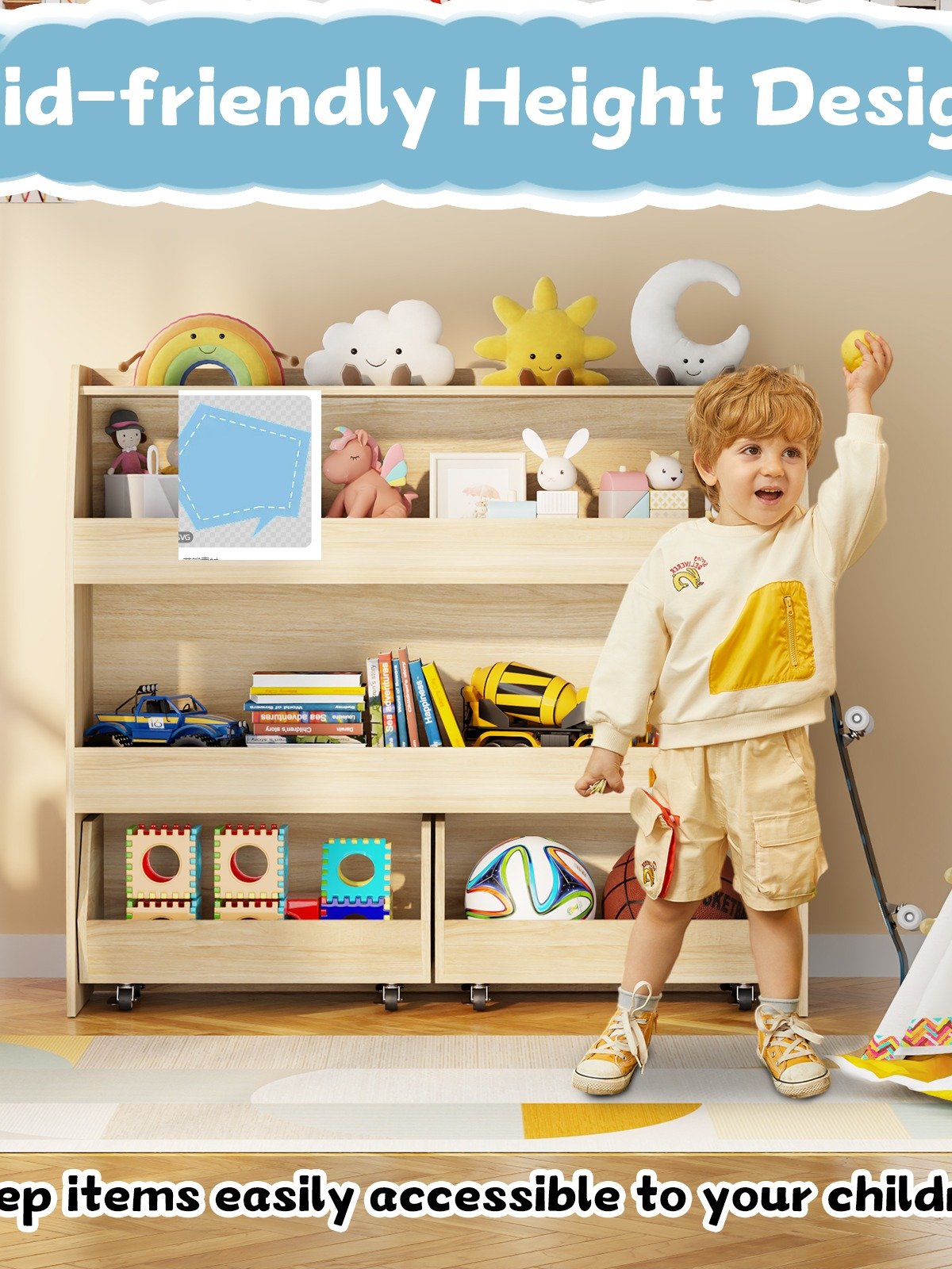 3-Tier Portable Toy Storage, Kids Toy Organizer W/2 Removable Bins with 4 Wheels（Wood) product image (7)