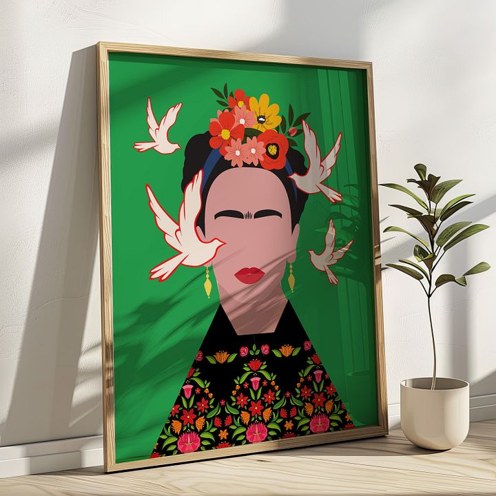 Frida Kahlo with Birds Folk Art Illustration Colorful Poster product image (1)
