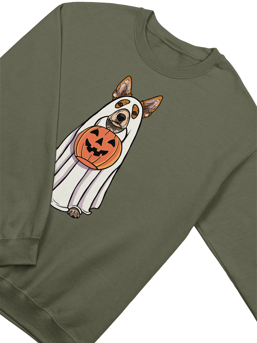 Funny Halloween Australian Cattle Dog(2) Sweatshirt | Funny Red Heeler Wearing a Ghost Costume and Holding a Pumpkin Basket product image (18)