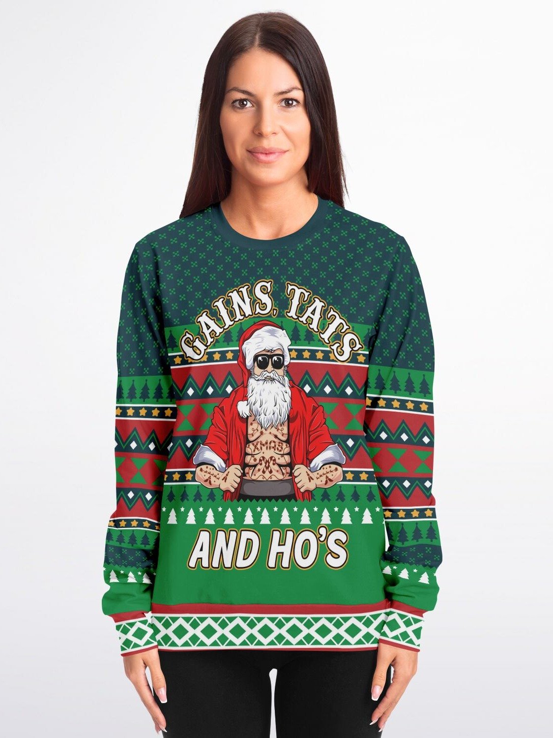 "Gains Tats and Ho's" Christmas Sweater | Funny Gym Santa Sweatshirt | Fitness Holiday Party Outfit product image (5)