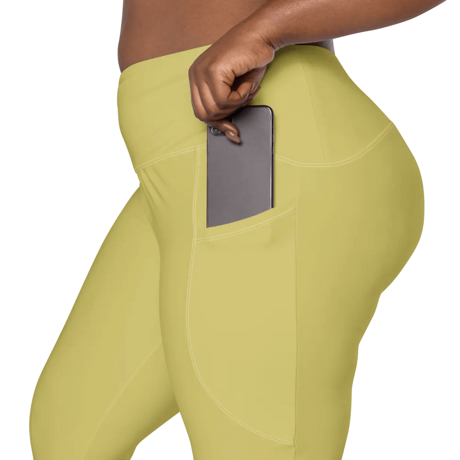 Plain Medium Yellow Light Summer Women's High Waisted Premium Crossover Leggings with Pockets by Treasure Pie product image (9)