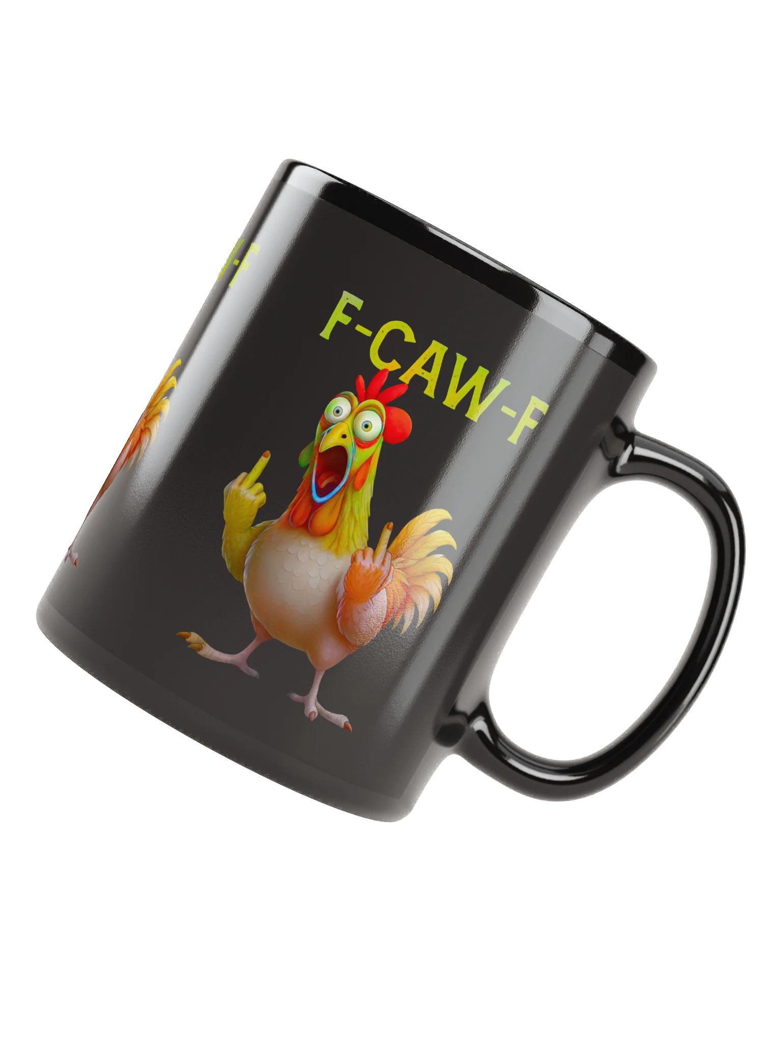 FUNNY ROOSTER MUG – BLACK GLOSSY COFFEE CUP WITH “F-CAW-F” SLOGAN – FARM HUMOR GAG GIFT product image (4)