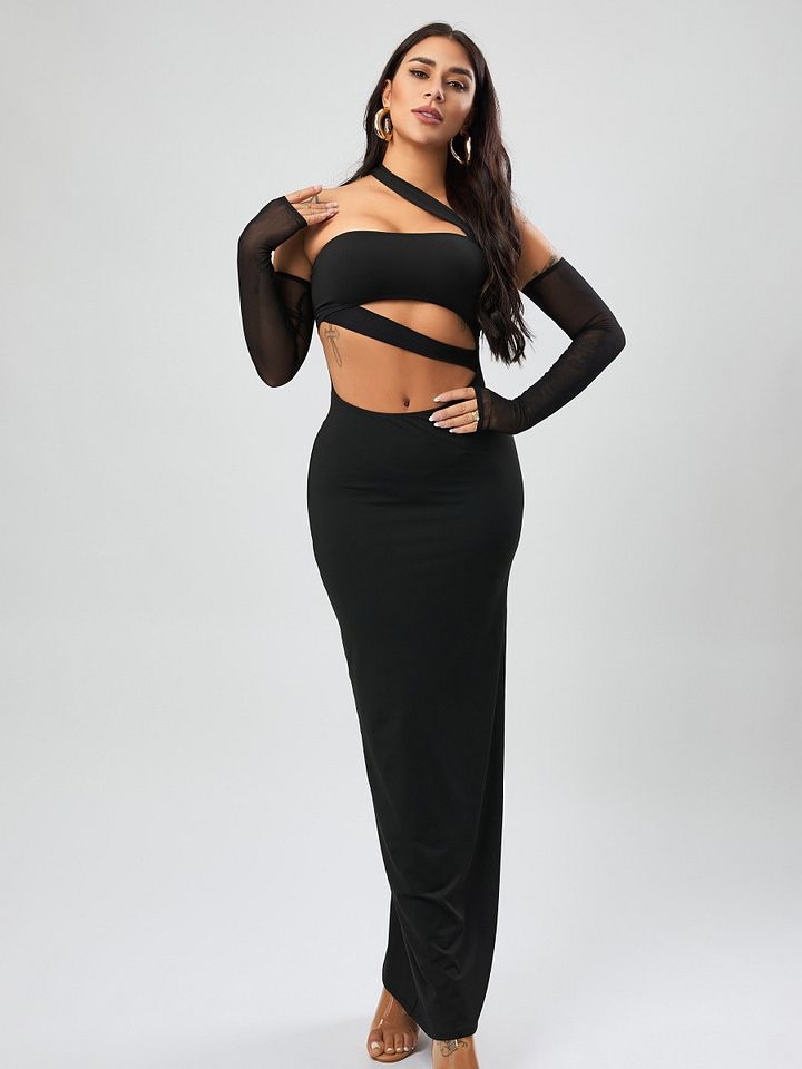 Wholesale high quality slight stretch solid slim hollow sexy maxi dress (with sleeves) product image (1)