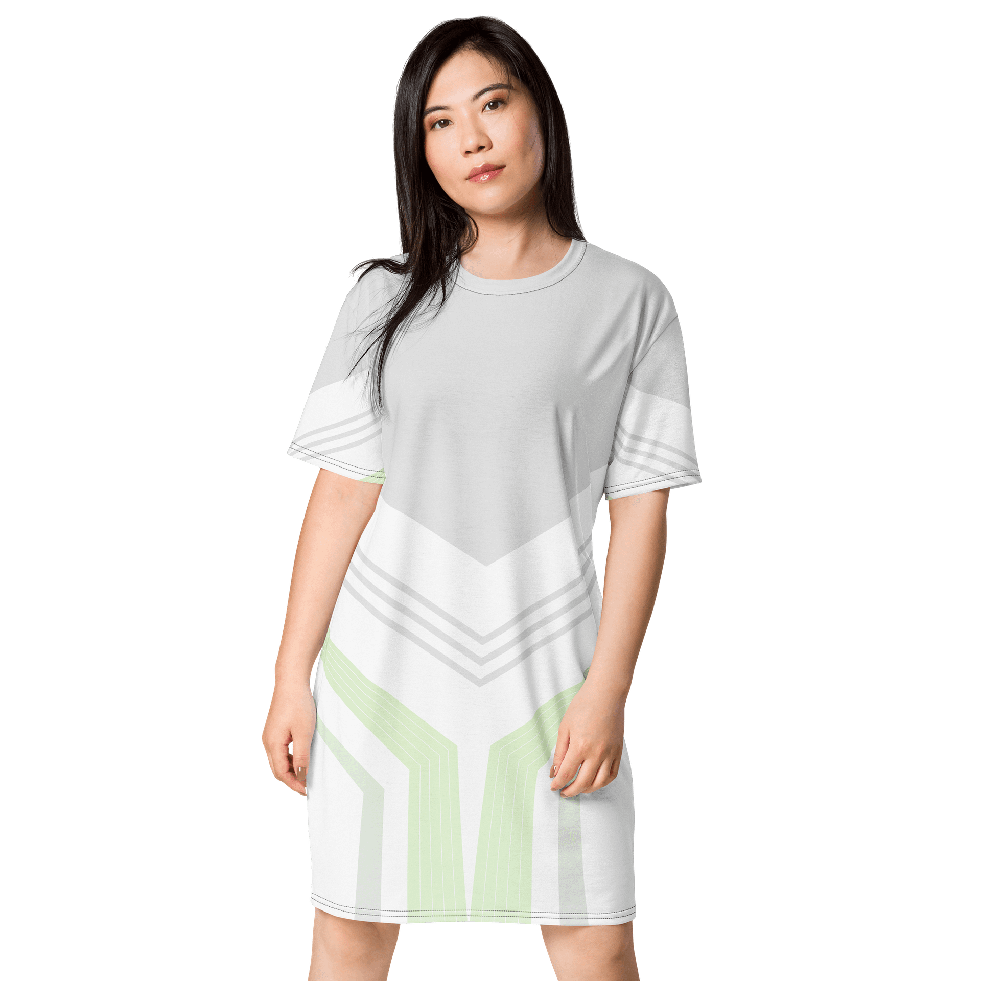 Trendy Geometric Pattern T-Shirt Dress - Light Gray with Green & White Accents - Oversized Fit product image (1)