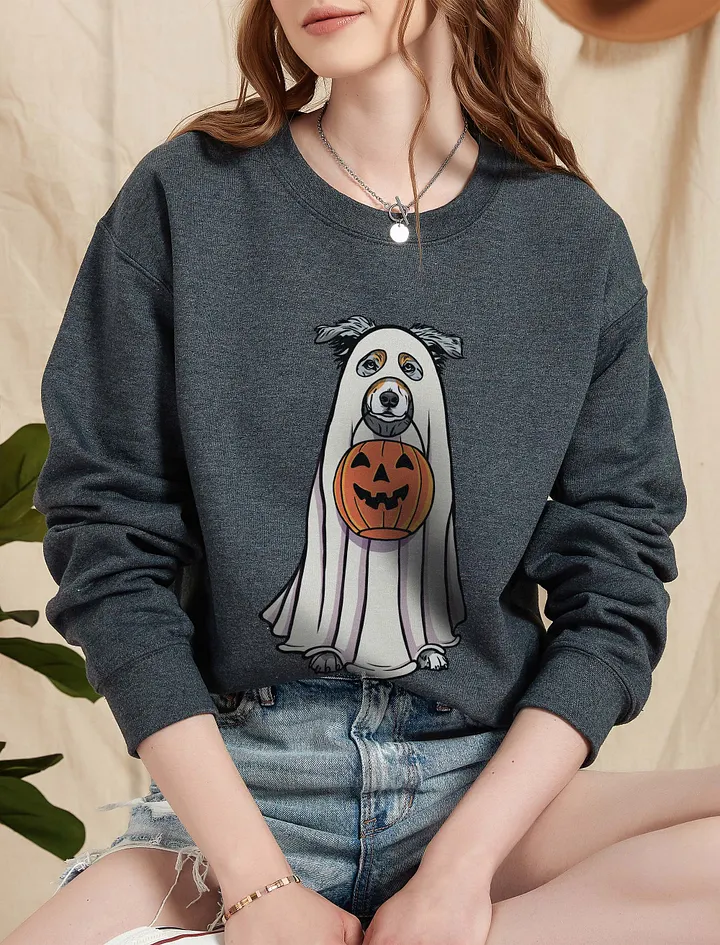 Funny Halloween Australian Shepherd(Blue Merle) Sweatshirt | Funny Aussie Wearing a Ghost Costume and Holding a Pumpkin Basket product image (5)