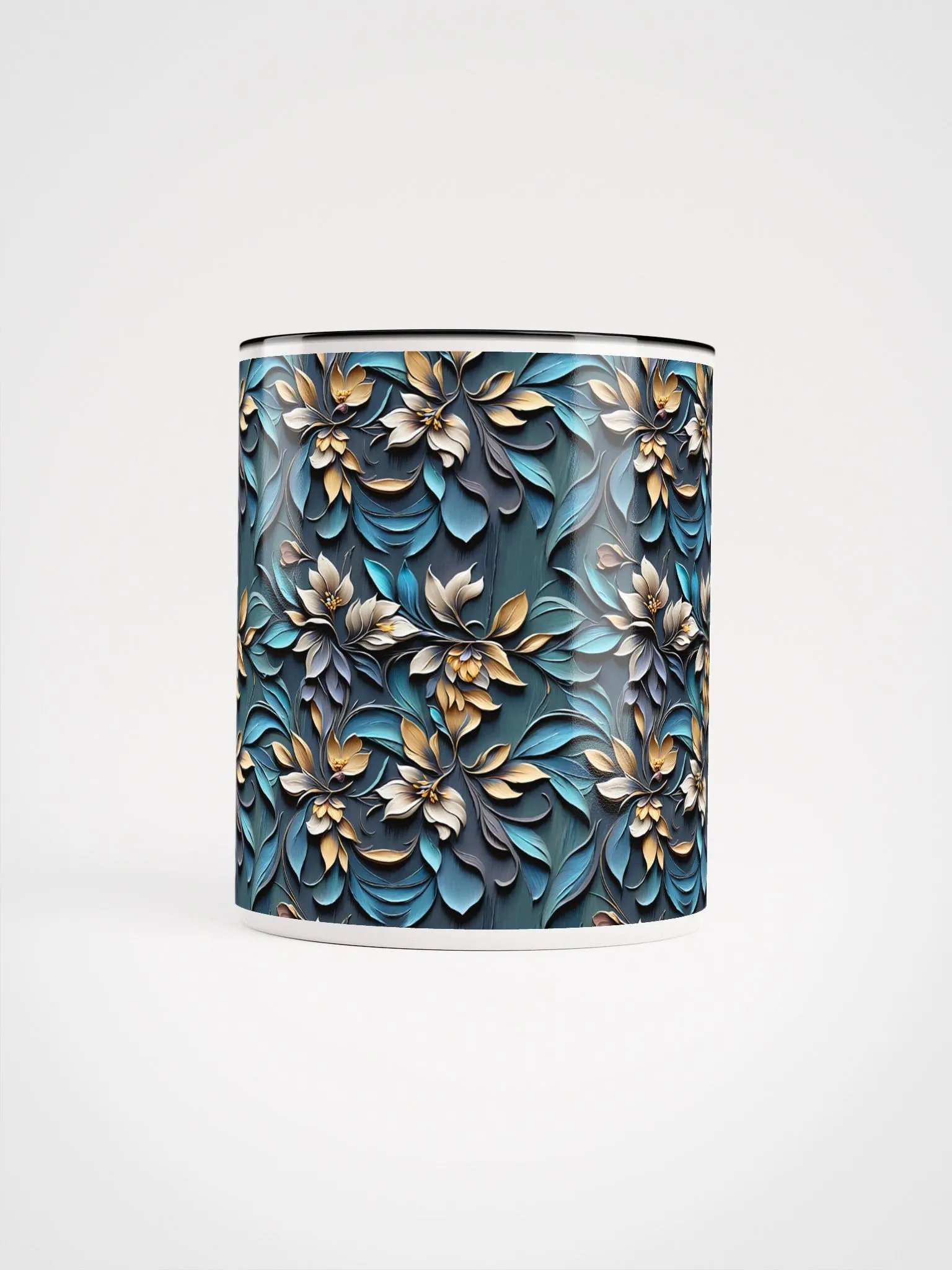 Coffee Mug with Color Inside - Sculpted Floral Pattern of Yellow-Brown Flowers on Blue Background product image (4)