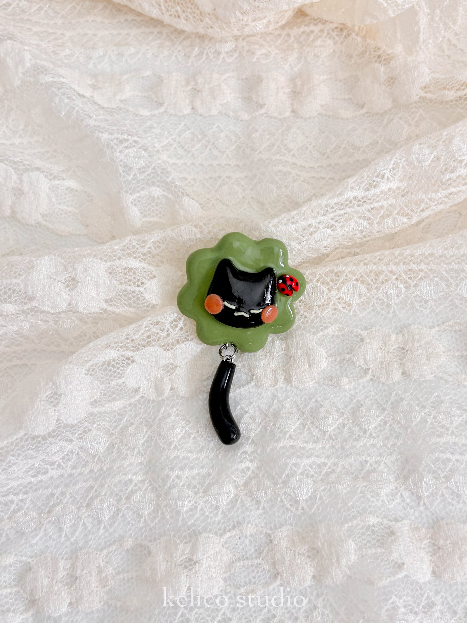 lucky clover cat • clay pin product image (3)