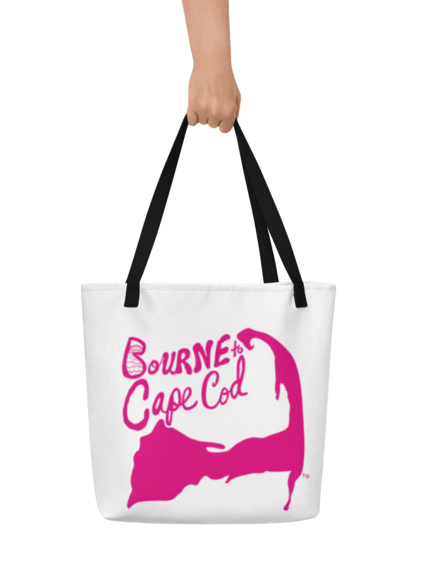 BOURNE to Cape Cod™ | Large Tote Bag with Pocket | Coastal Classic | All-Over Logo Print | Pink Logo on White product image (1)