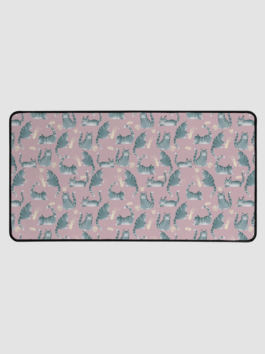 Bad Grey Tabby Cats Knocking Stuff Over Patterned Desk Mat, Pink product image (1)