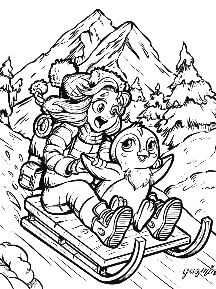Snowy Adventure Coloring Page: Child & Penguin Toboggan Fun product image (1)