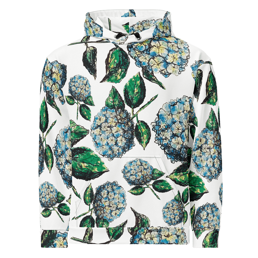 🌸 Coastal Bloom | Hydrangeas Repeat Pattern Hoodie | Monique Faella Designs™ | Unisex Floral Sweatshirt | Artful Botanical Fashion product image (1)