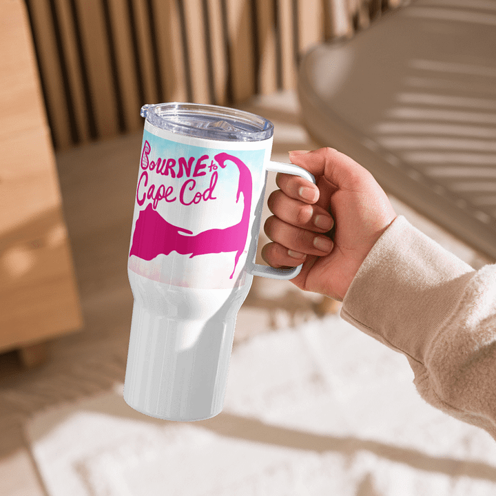BOURNE to Cape Cod™ | Allcolor 267 | Stainless Steel Travel Mug with Handle | Insulated, Spill-Proof, Coastal Adventure Style | Pink Logo on Patriotic Pastels product image (1)