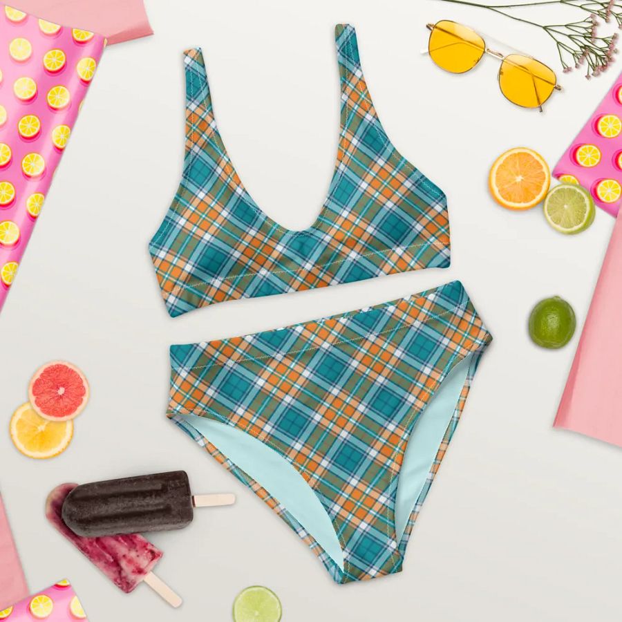 Turquoise and Orange Sporty Plaid Bikini product image (9)