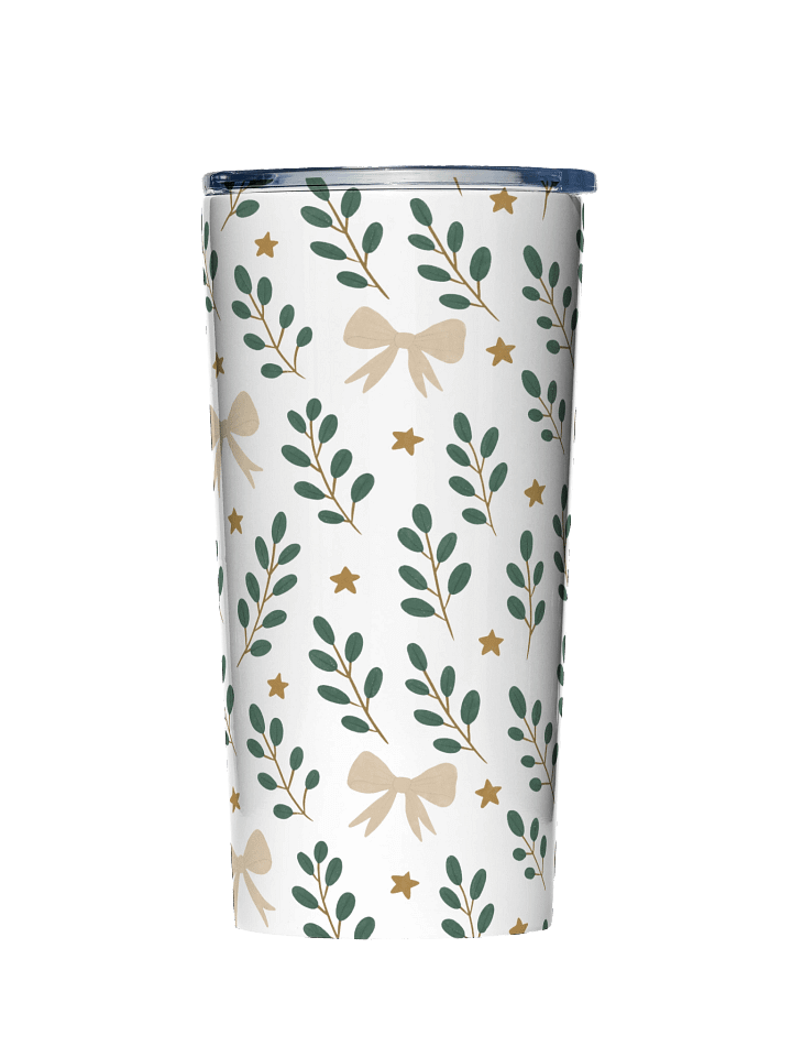 Stainless steel tumbler ribbons & stars botanical Christmas. Elegant holiday insulated drinkware product image (1)