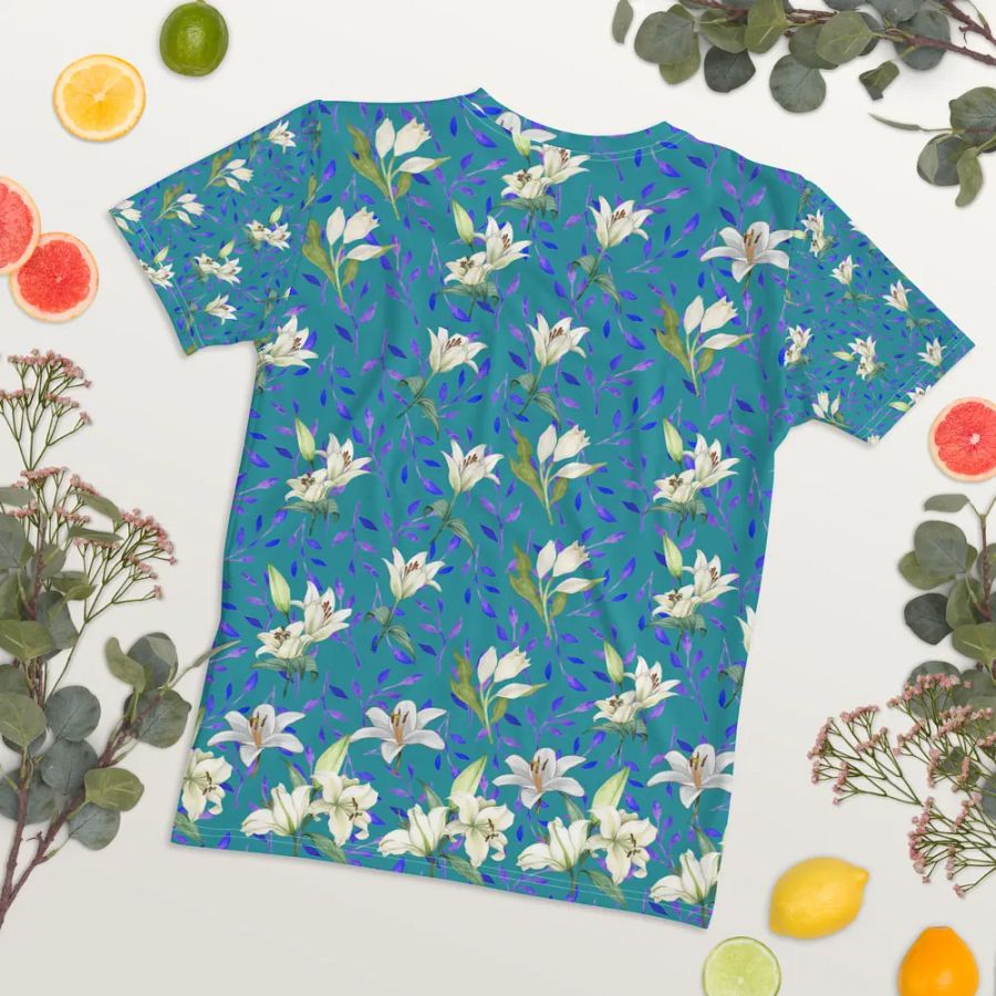 Ladies T shirt all over print blue and white flowery design giving a fresh holiday  fee product image (12)